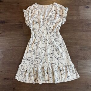 Monteau Los Angeles Cream Black Floral Linen Blend Ruffle Dress Size M 500842-LN